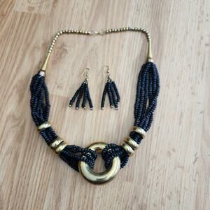 Black Beaded Necklace Earrings Set Gold Tone Multi Strand Statement Boho 25in